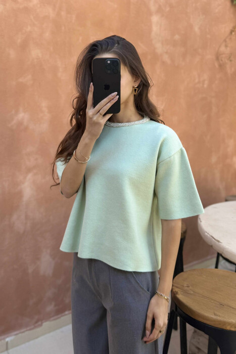 SHINY STONES SHORT SLEEVES WOMEN SWEATER MINT/MENTE - 3