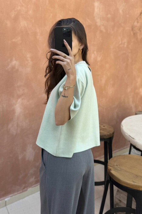 SHINY STONES SHORT SLEEVES WOMEN SWEATER MINT/MENTE - 4