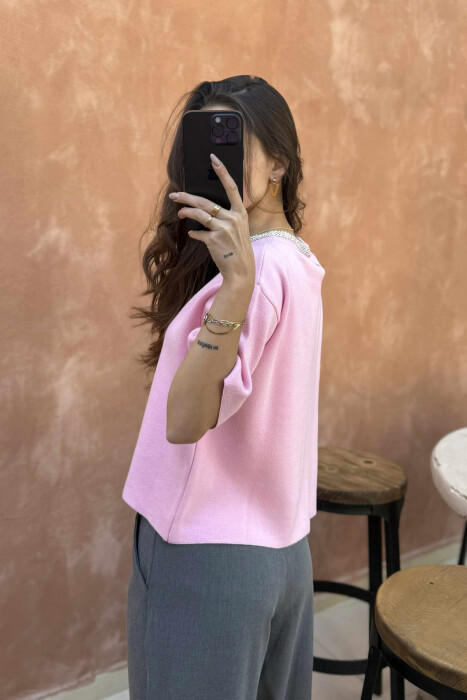 SHINY STONES SHORT SLEEVES WOMEN SWEATER PINK/ROZE - 2