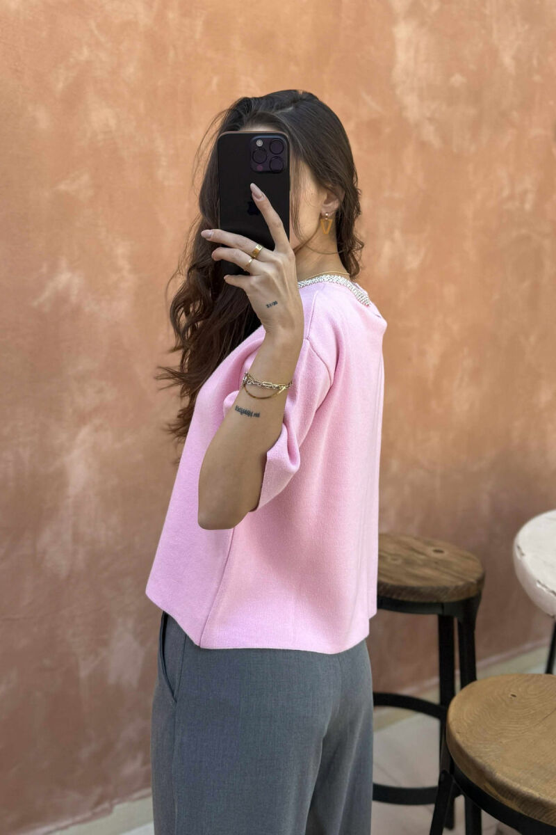 SHINY STONES SHORT SLEEVES WOMEN SWEATER PINK/ROZE - 2