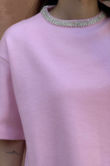 SHINY STONES SHORT SLEEVES WOMEN SWEATER PINK/ROZE - 3