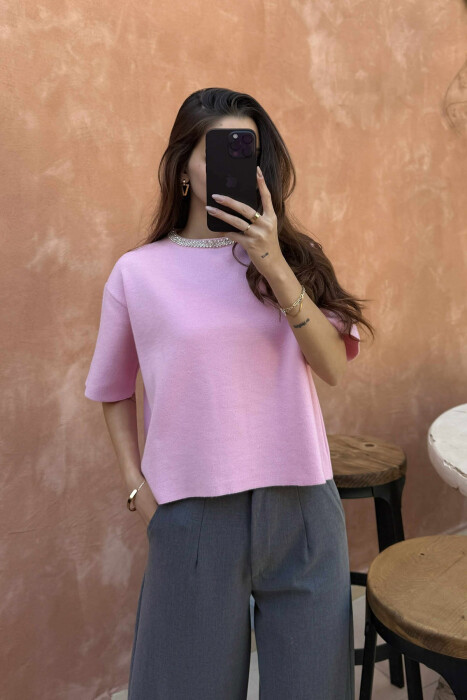 SHINY STONES SHORT SLEEVES WOMEN SWEATER PINK/ROZE - 4