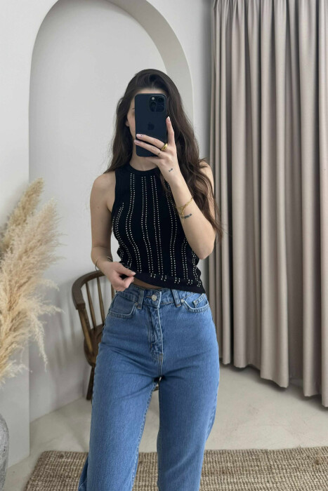 SHINY STONES WOMEN TANK TOP IN BLACK COLOR 