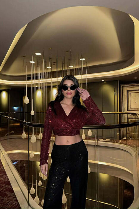 SHINY V NECK WOMAN CROP TOP BURGUNDY/VISHNJE - KLAUDIO FASHION