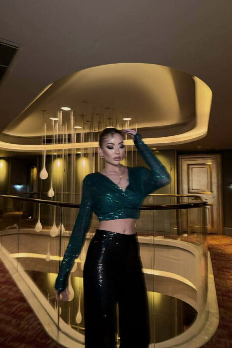 SHINY V NECK WOMAN CROP TOP GREEN/JESHILE - 2