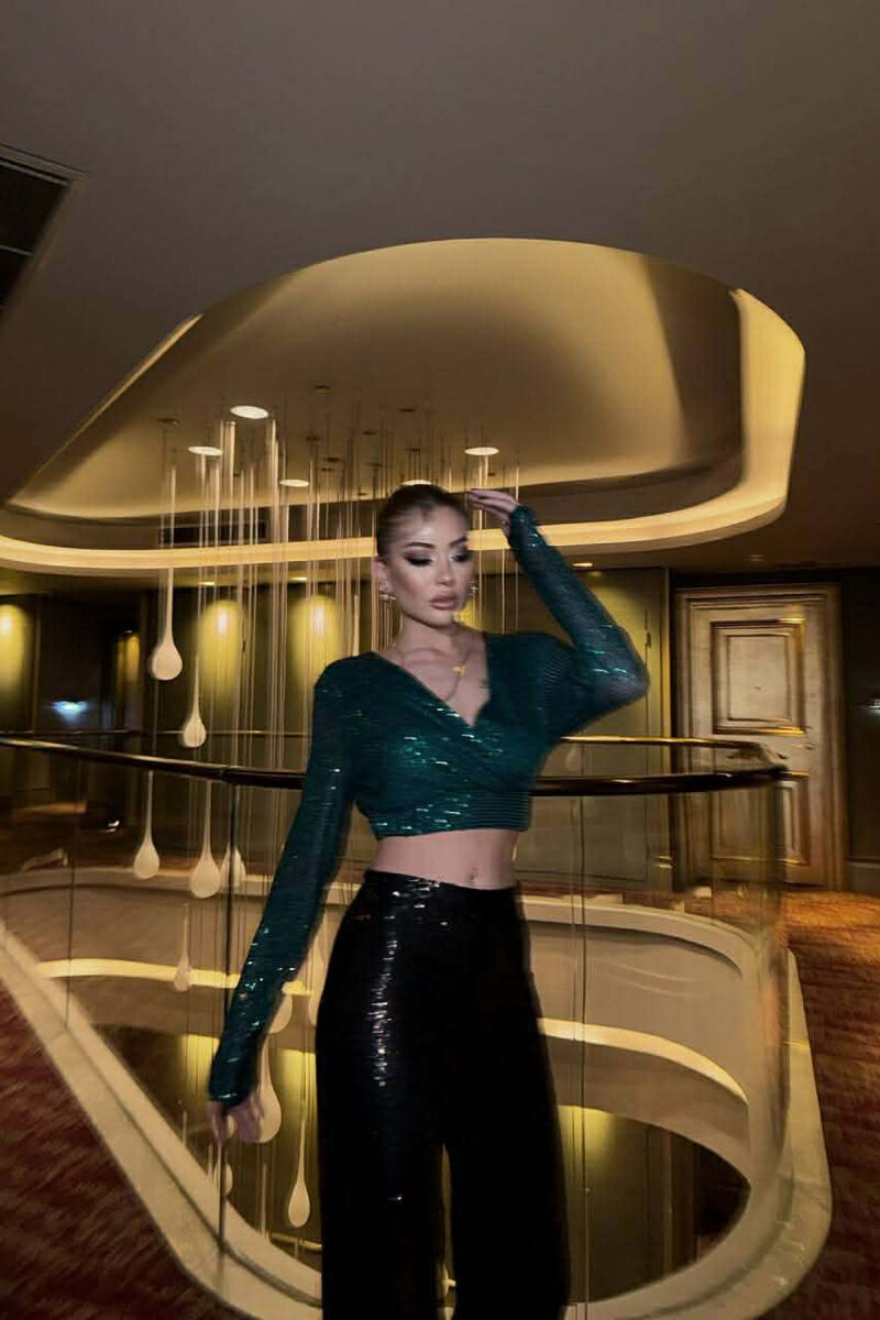 SHINY V NECK WOMAN CROP TOP GREEN/JESHILE - 2