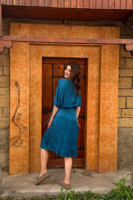 SHINY V-NECK WOMAN DRESS BLUE STONE/GK - 2