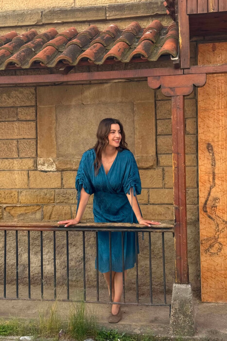 SHINY V-NECK WOMAN DRESS BLUE STONE/GK - 3