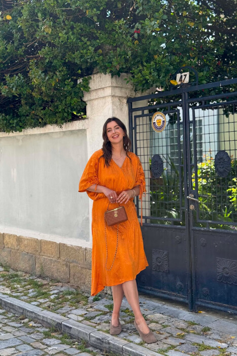 SHINY V-NECK WOMAN DRESS ORANGE/PORTOKALLI - KLAUDIO FASHION