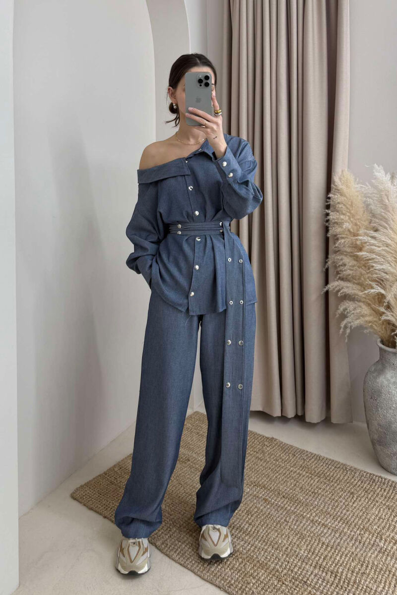 SHIRT+TROUSERS LACING ELASTIC WAIST WOMEN SET IN LIGHTBLUE COLOR - 1