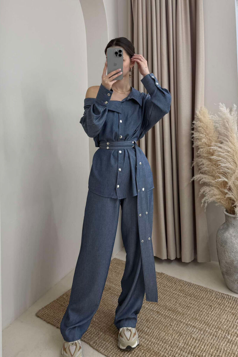 SHIRT+TROUSERS LACING ELASTIC WAIST WOMEN SET IN LIGHTBLUE COLOR - 2