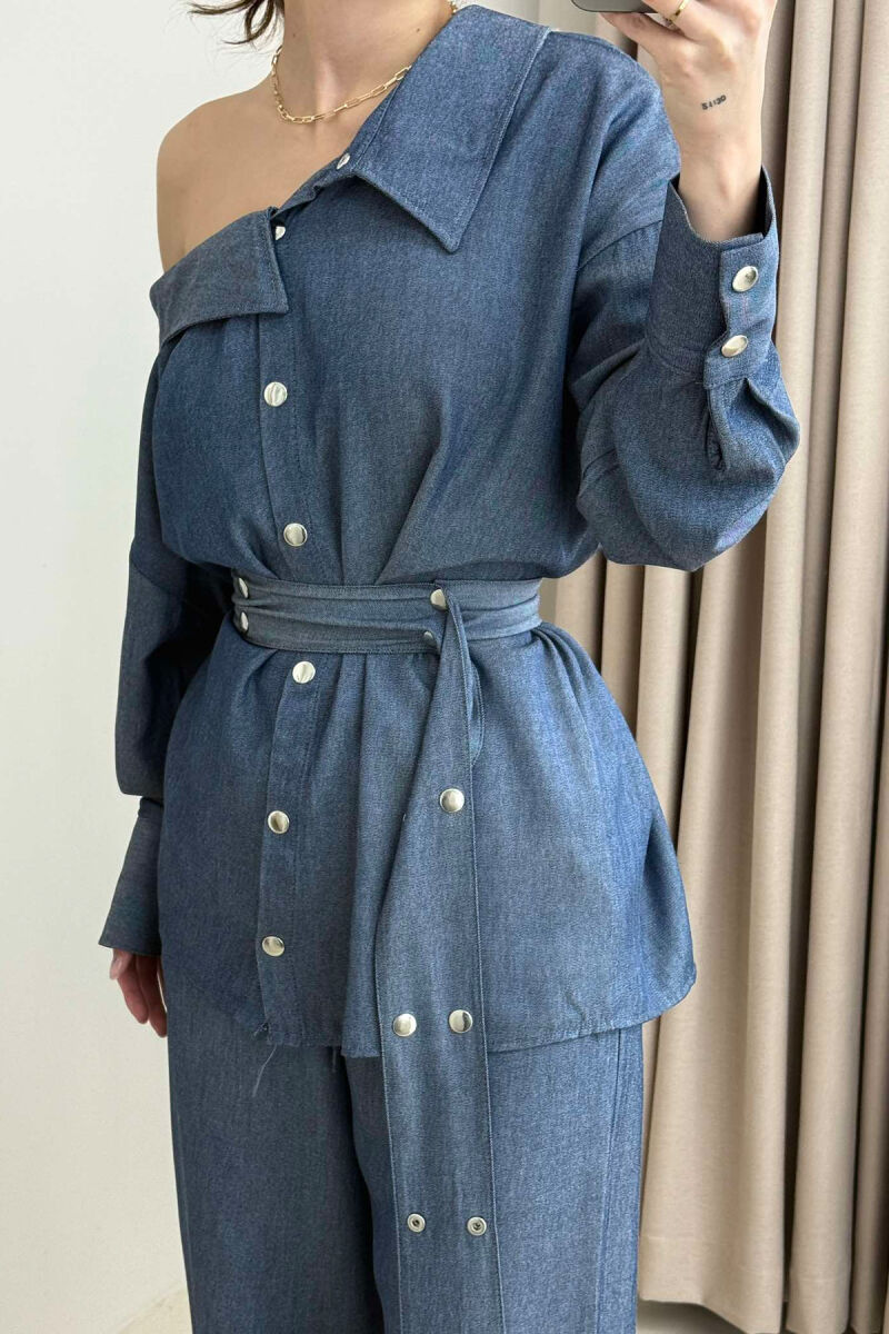 SHIRT+TROUSERS LACING ELASTIC WAIST WOMEN SET IN LIGHTBLUE COLOR - 3