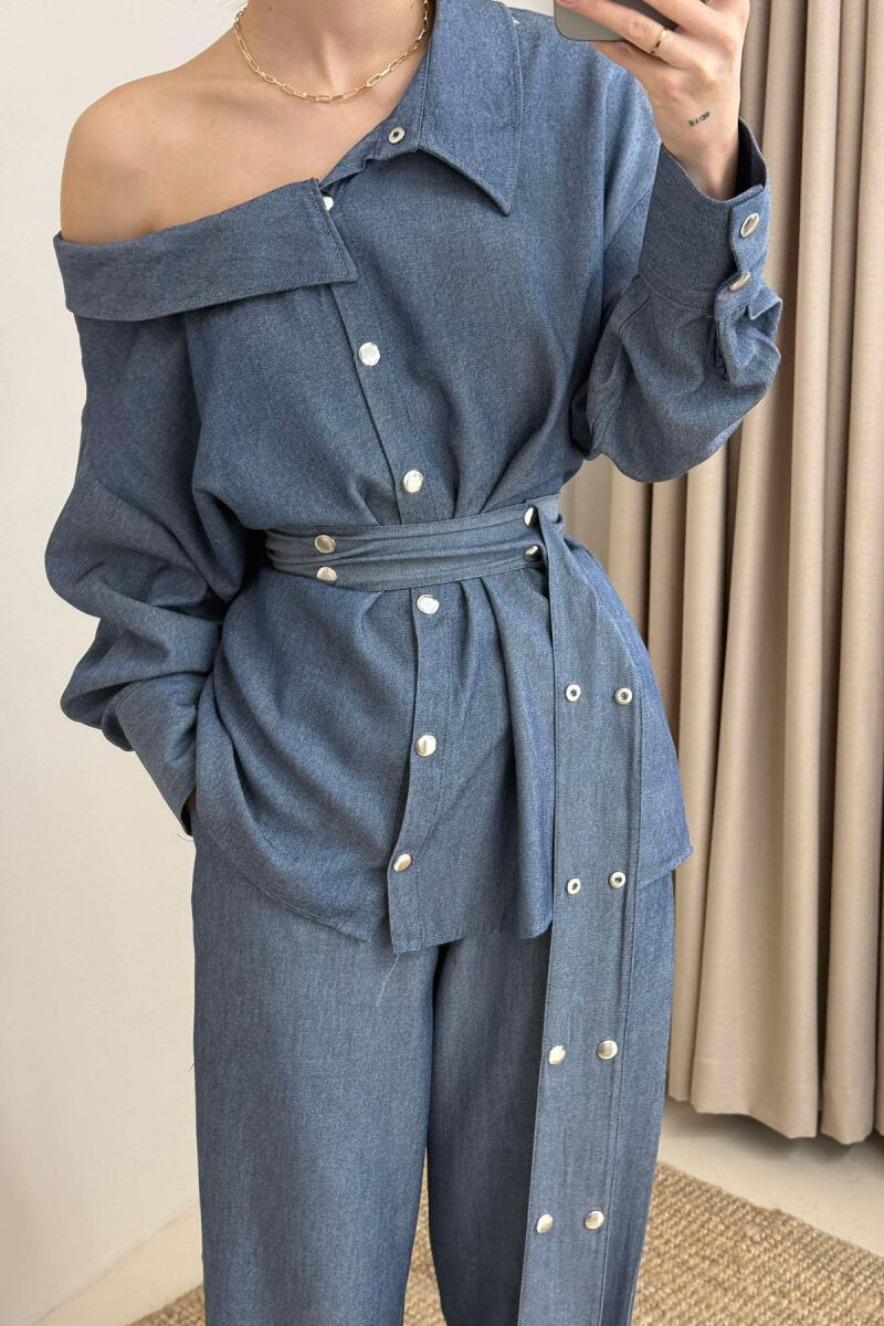 SHIRT+TROUSERS LACING ELASTIC WAIST WOMEN SET IN LIGHTBLUE COLOR - 4