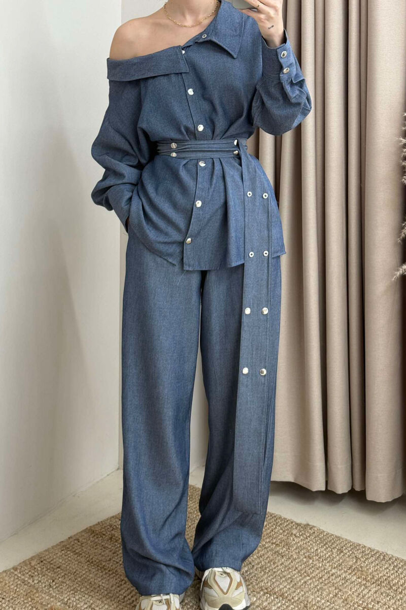 SHIRT+TROUSERS LACING ELASTIC WAIST WOMEN SET IN LIGHTBLUE COLOR - 5