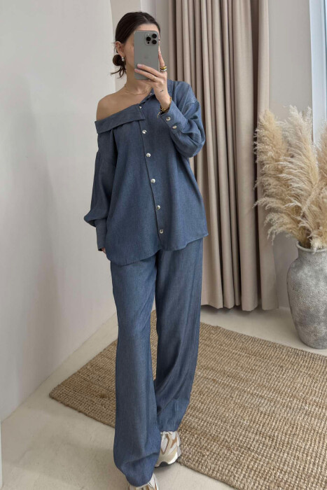 SHIRT+TROUSERS LACING ELASTIC WAIST WOMEN SET IN LIGHTBLUE COLOR - 9