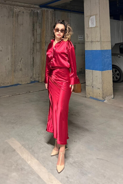 SHIRT+LONG SKIRT ONE COLOR WOMEN SET BURGUNDY/VISHNJE - 2