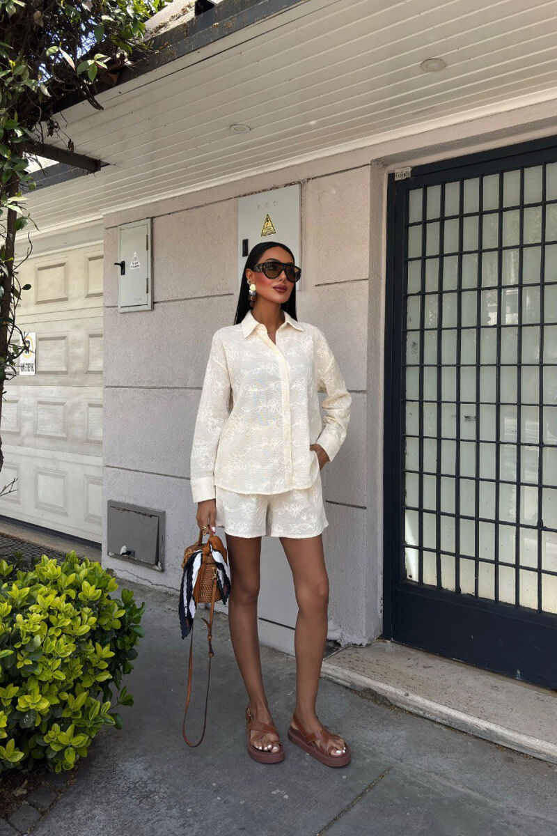 SHIRT+SHORTS FLOWER DESIGN WOMEN SET CREAM/KREM - 1