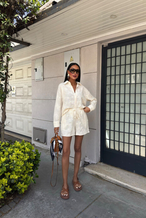 SHIRT+SHORTS FLOWER DESIGN WOMEN SET CREAM/KREM - 2