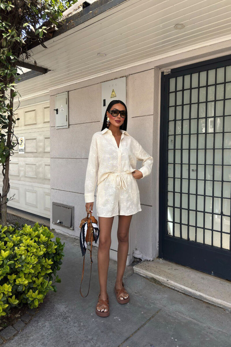 SHIRT+SHORTS FLOWER DESIGN WOMEN SET CREAM/KREM - 2