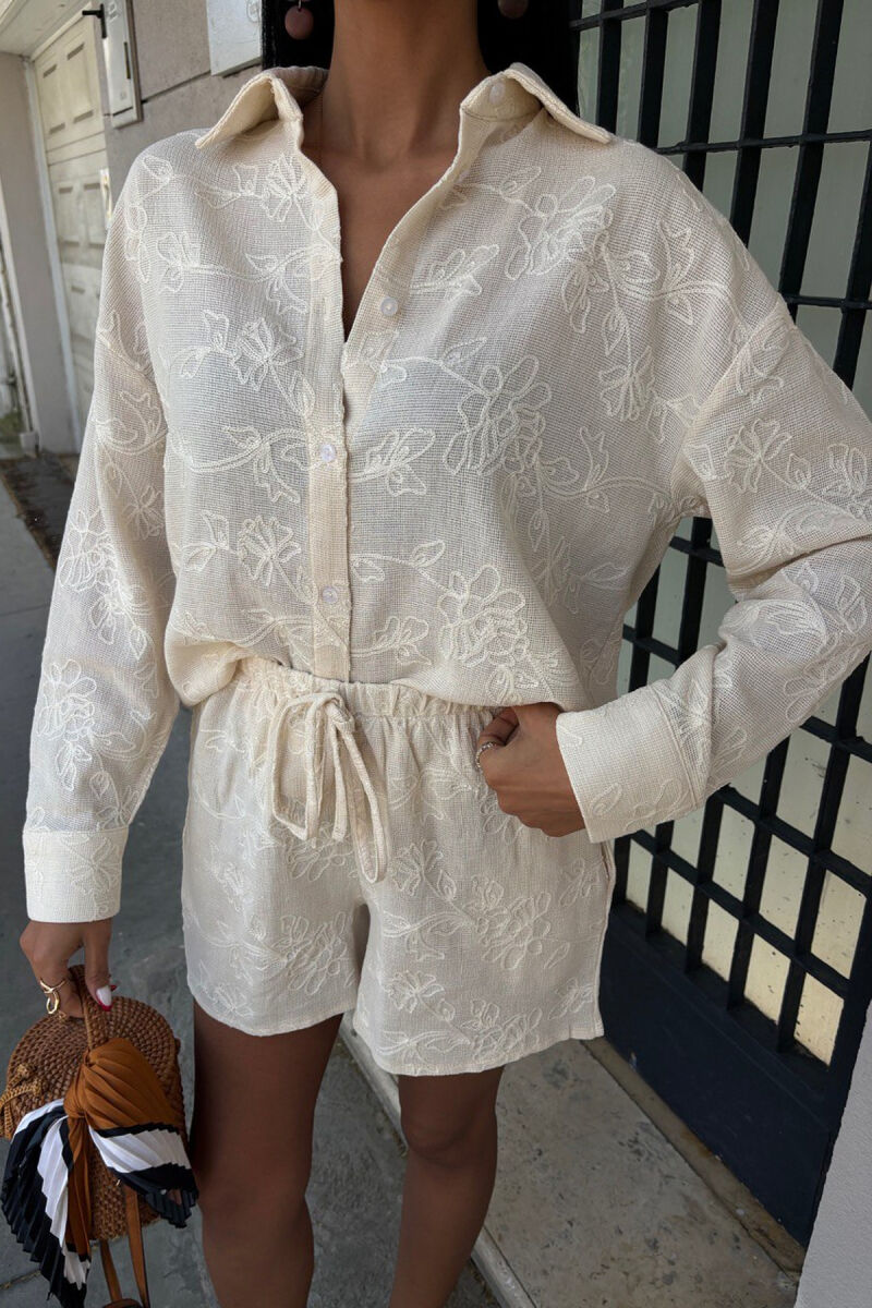 SHIRT+SHORTS FLOWER DESIGN WOMEN SET CREAM/KREM - 3