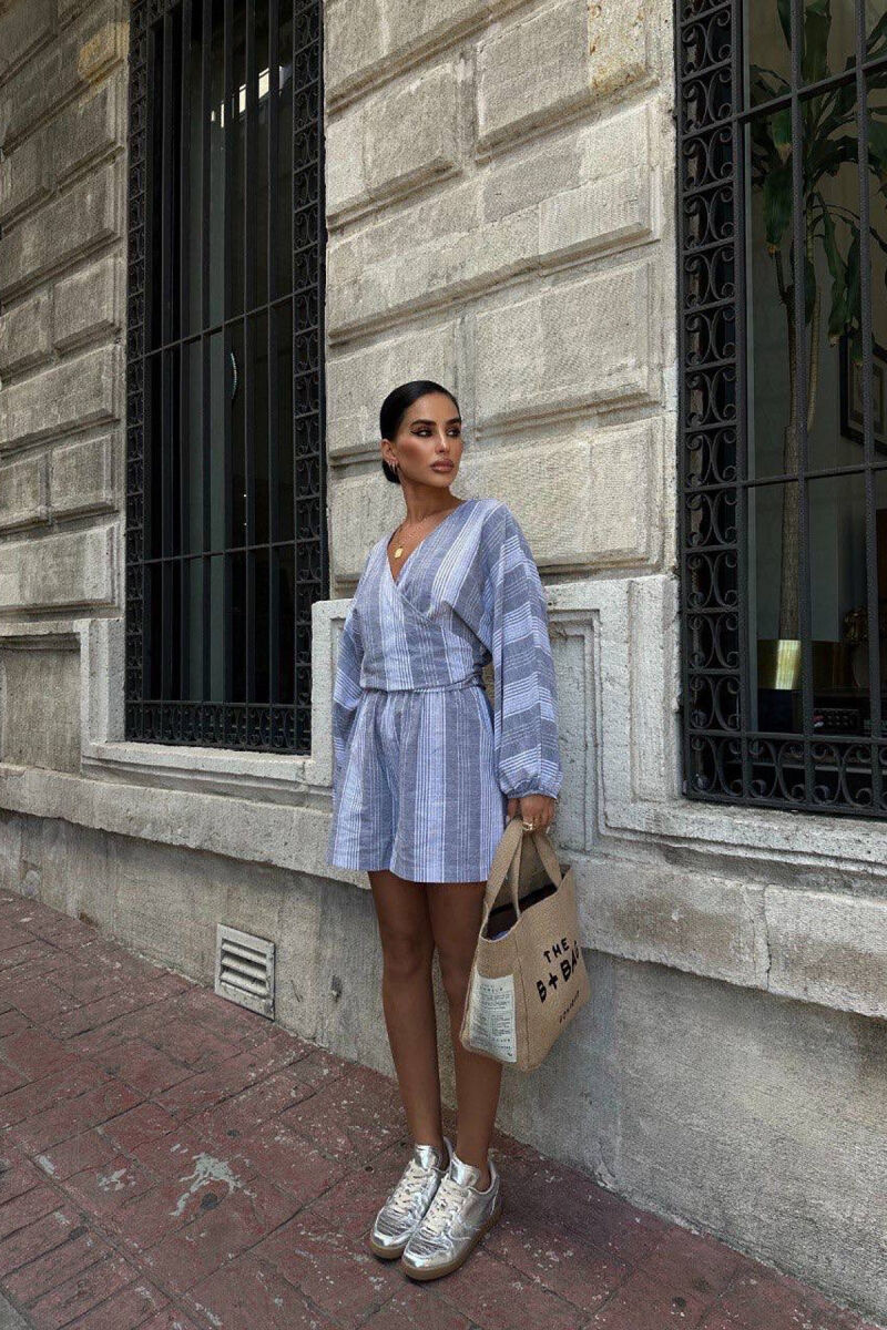 SHIRT+SHORTS LACING STRIPED WOMEN SET GREY/GRI - 1