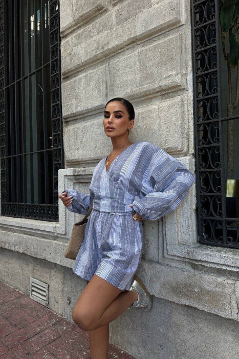 SHIRT+SHORTS LACING STRIPED WOMEN SET GREY/GRI - 2
