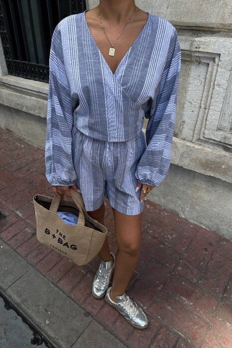 SHIRT+SHORTS LACING STRIPED WOMEN SET GREY/GRI - 3