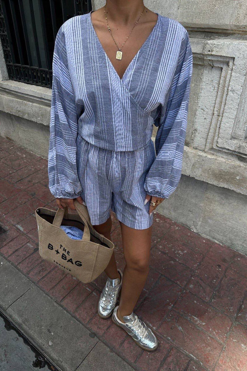 SHIRT+SHORTS LACING STRIPED WOMEN SET GREY/GRI - 3