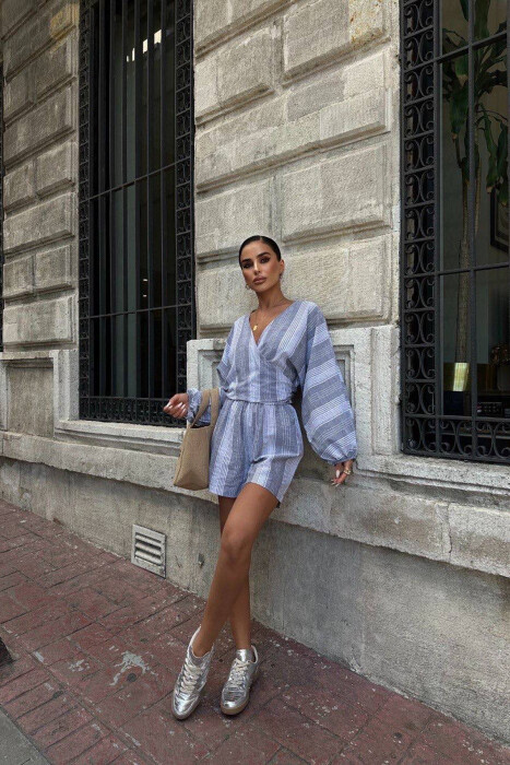 SHIRT+SHORTS LACING STRIPED WOMEN SET GREY/GRI - 4