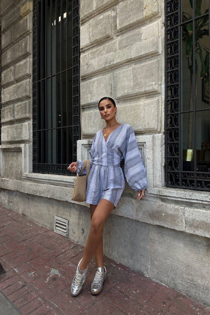 SHIRT+SHORTS LACING STRIPED WOMEN SET GREY/GRI - 4