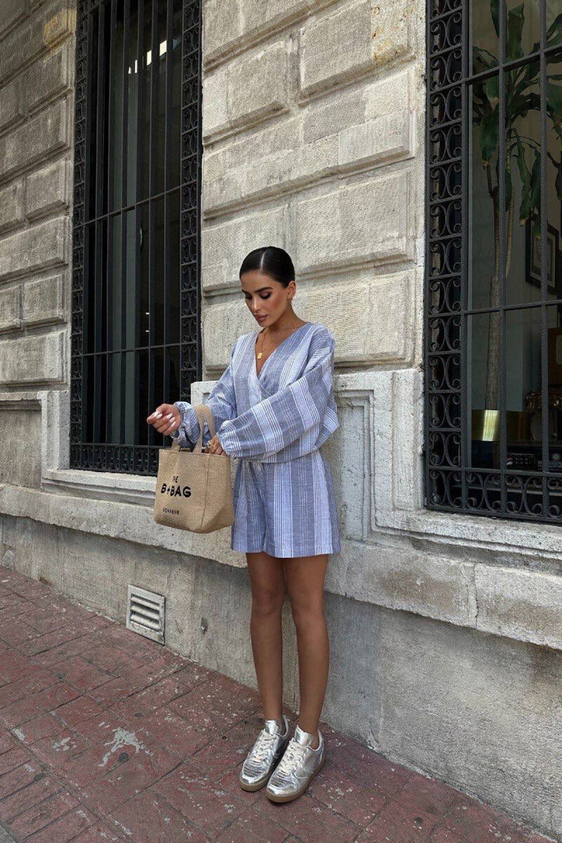 SHIRT+SHORTS LACING STRIPED WOMEN SET GREY/GRI - 5