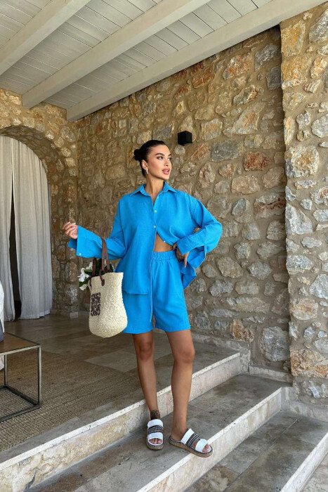 SET NJË NGJYRËSH KËMISHË+PANTALLONA TË SHKURTRA PËR FEMRA NË NGJYRË BLU 