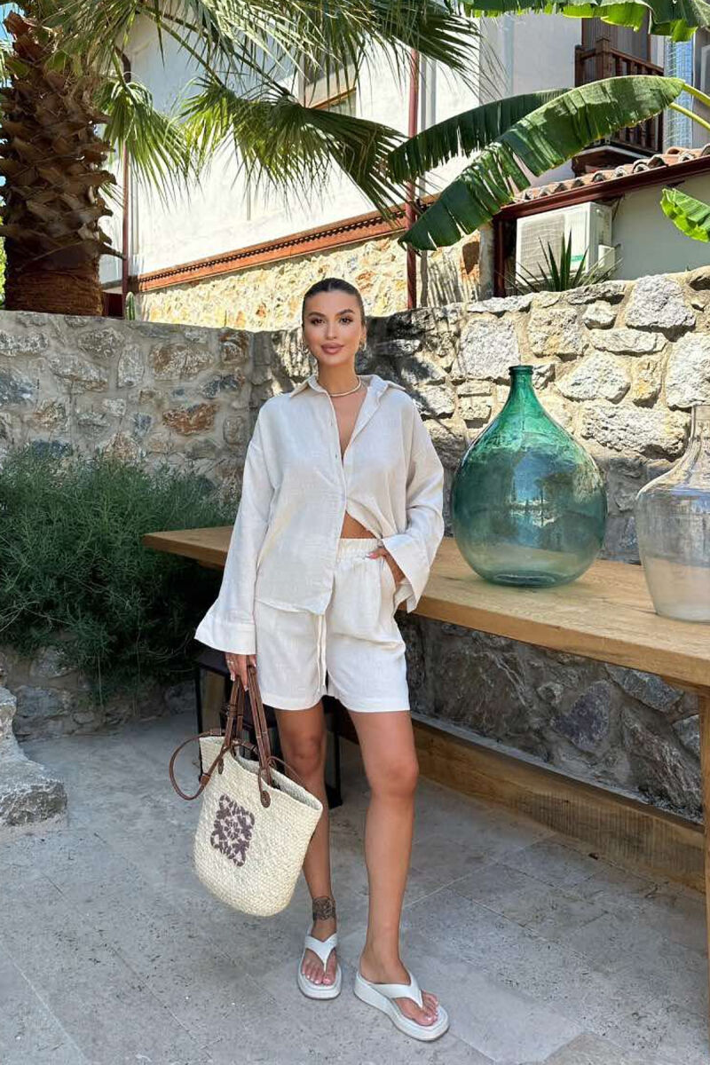 SHIRT+SHORTS ONE COLOR WOMEN SET CREAM/KREM - 1