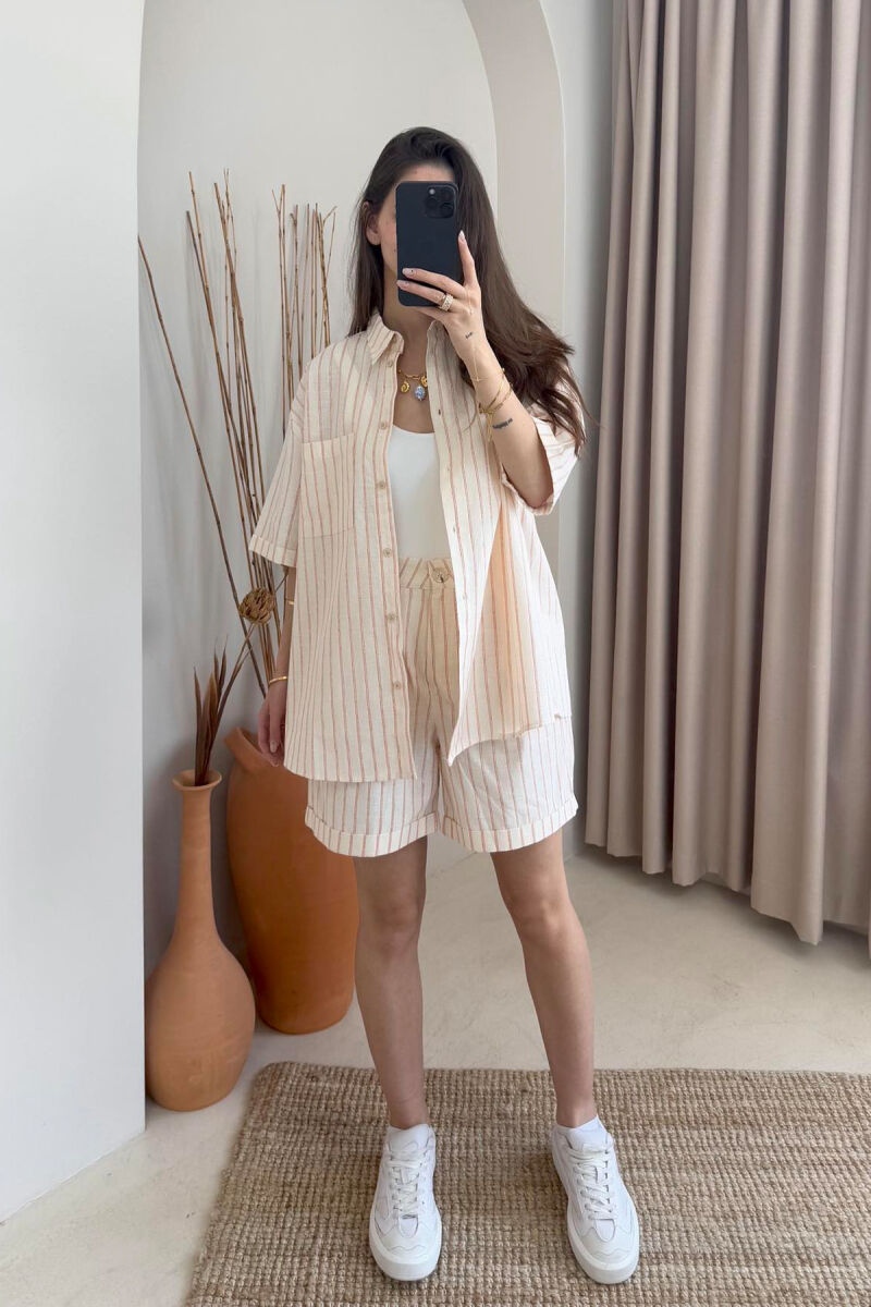 SHIRT+SHORTS SHINNY STRIPES WOMEN SET CREAM-ORANGE/KRPO - 1