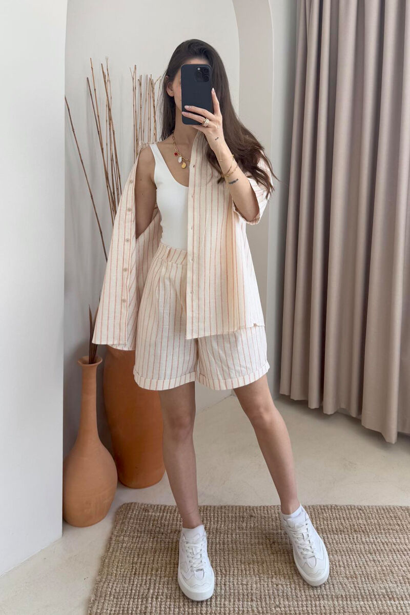 SHIRT+SHORTS SHINNY STRIPES WOMEN SET CREAM-ORANGE/KRPO - 3