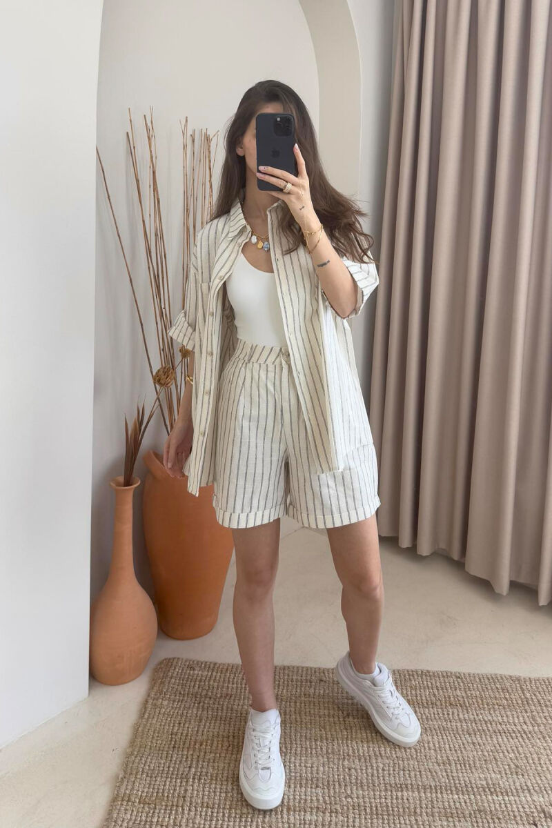 SHIRT+SHORTS SHINNY STRIPES WOMEN SET CREAM+GREY/KREM+GRI - 1