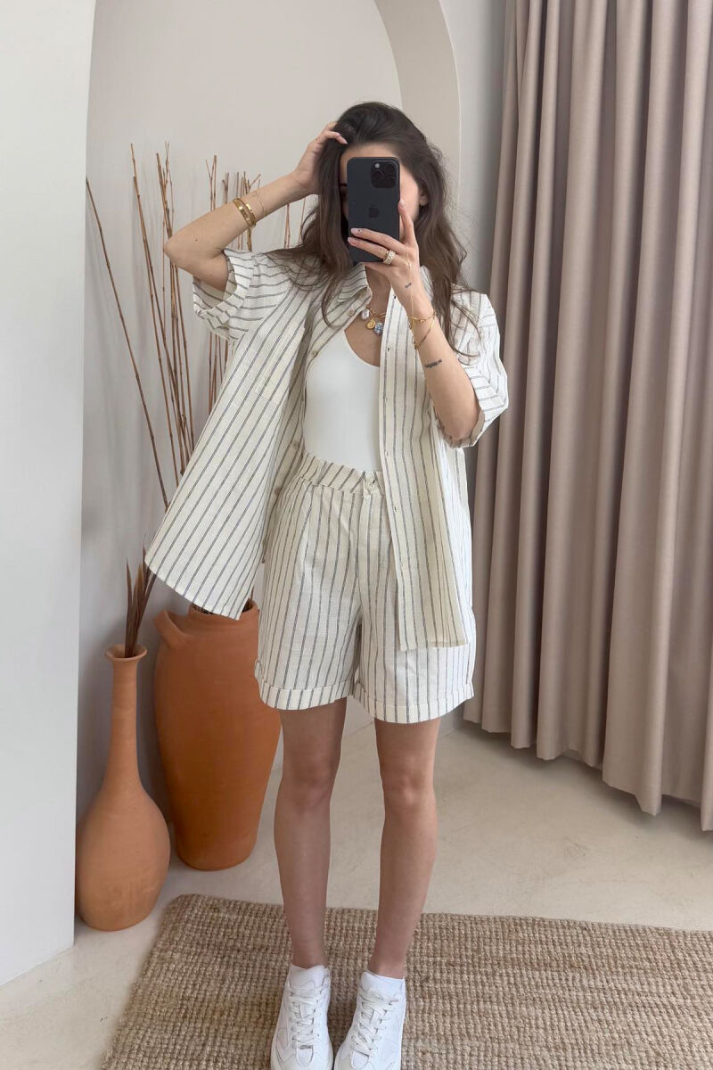 SHIRT+SHORTS SHINNY STRIPES WOMEN SET CREAM+GREY/KREM+GRI - 2
