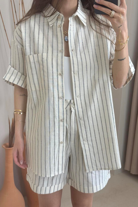 SHIRT+SHORTS SHINNY STRIPES WOMEN SET CREAM+GREY/KREM+GRI - 3