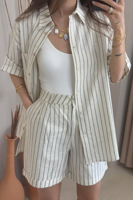 SHIRT+SHORTS SHINNY STRIPES WOMEN SET CREAM+GREY/KREM+GRI - 4