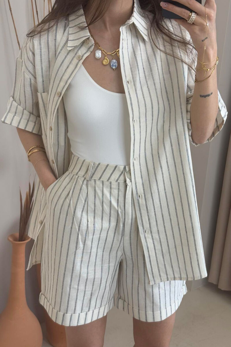 SHIRT+SHORTS SHINNY STRIPES WOMEN SET CREAM+GREY/KREM+GRI - 4