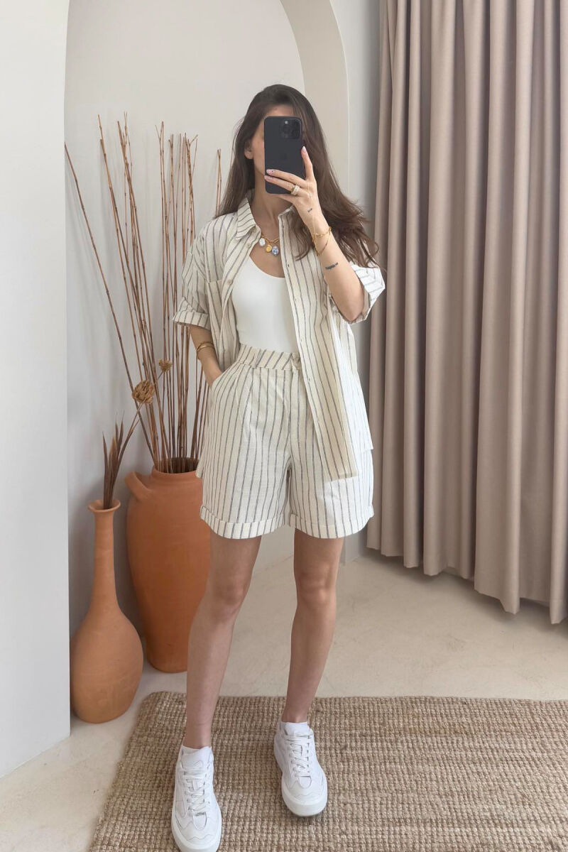 SHIRT+SHORTS SHINNY STRIPES WOMEN SET CREAM+GREY/KREM+GRI - 6