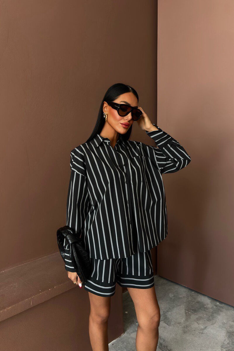 SHIRT+SHORTS SINGLE POCKET STRIPED WOMEN SET BLACK/ E ZEZE - 3