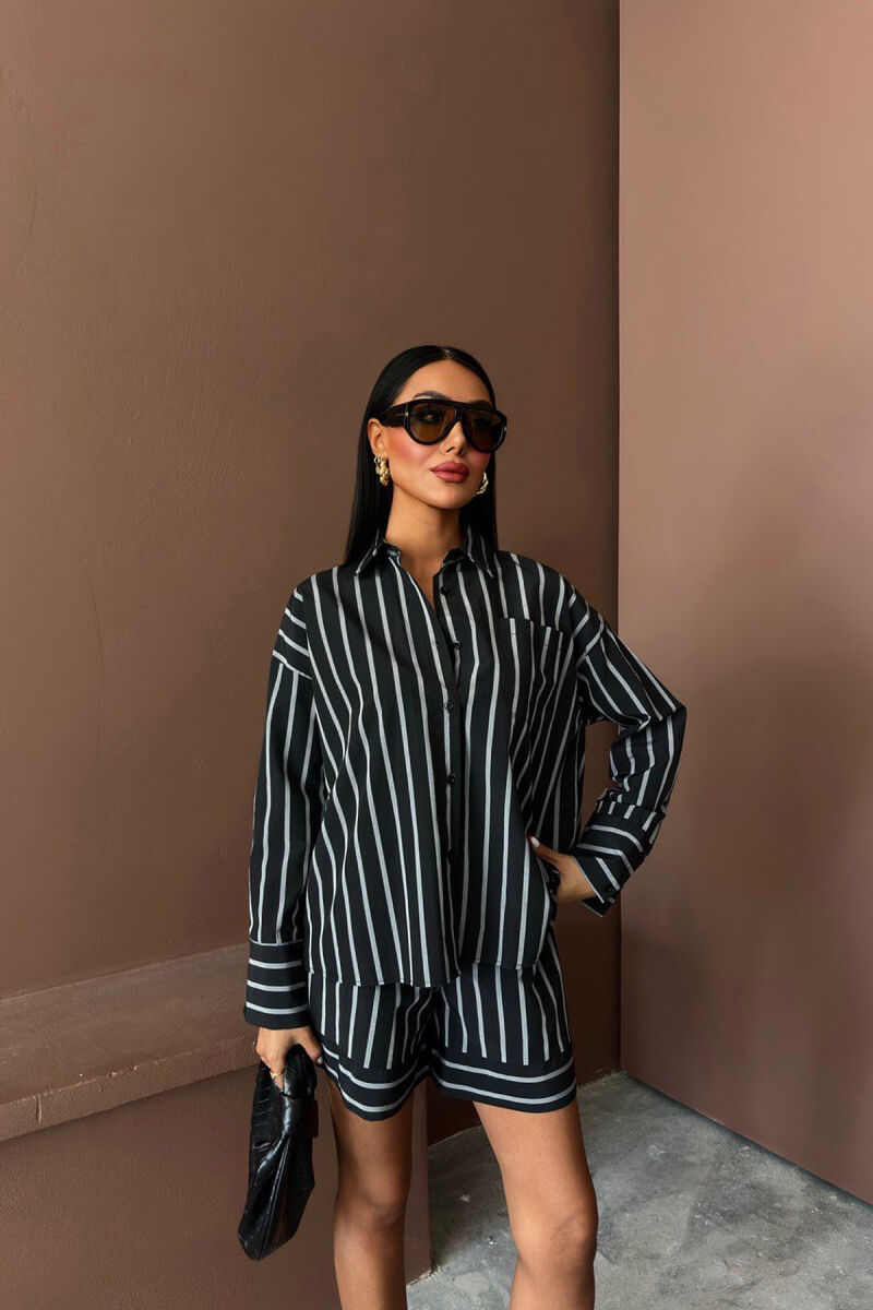 SHIRT+SHORTS SINGLE POCKET STRIPED WOMEN SET BLACK/ E ZEZE - 4