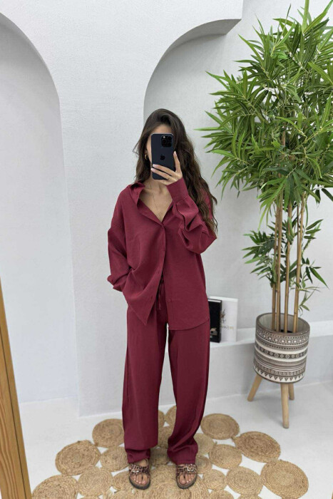 SHIRT+TROUSERS LACINGS ONE COLOR WOMEN SET BURGUNDY/VISHNJE 