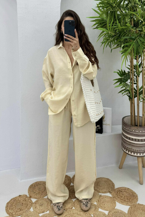 SHIRT+TROUSERS LACINGS ONE COLOR WOMEN SET CREAM/KREM 