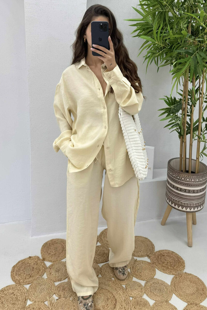 SHIRT+TROUSERS LACINGS ONE COLOR WOMEN SET CREAM/KREM - 2