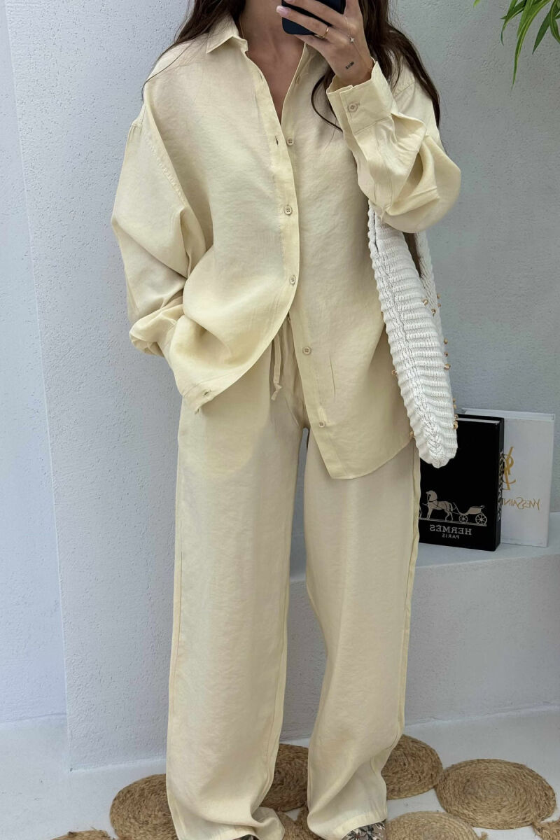 SHIRT+TROUSERS LACINGS ONE COLOR WOMEN SET CREAM/KREM - 3