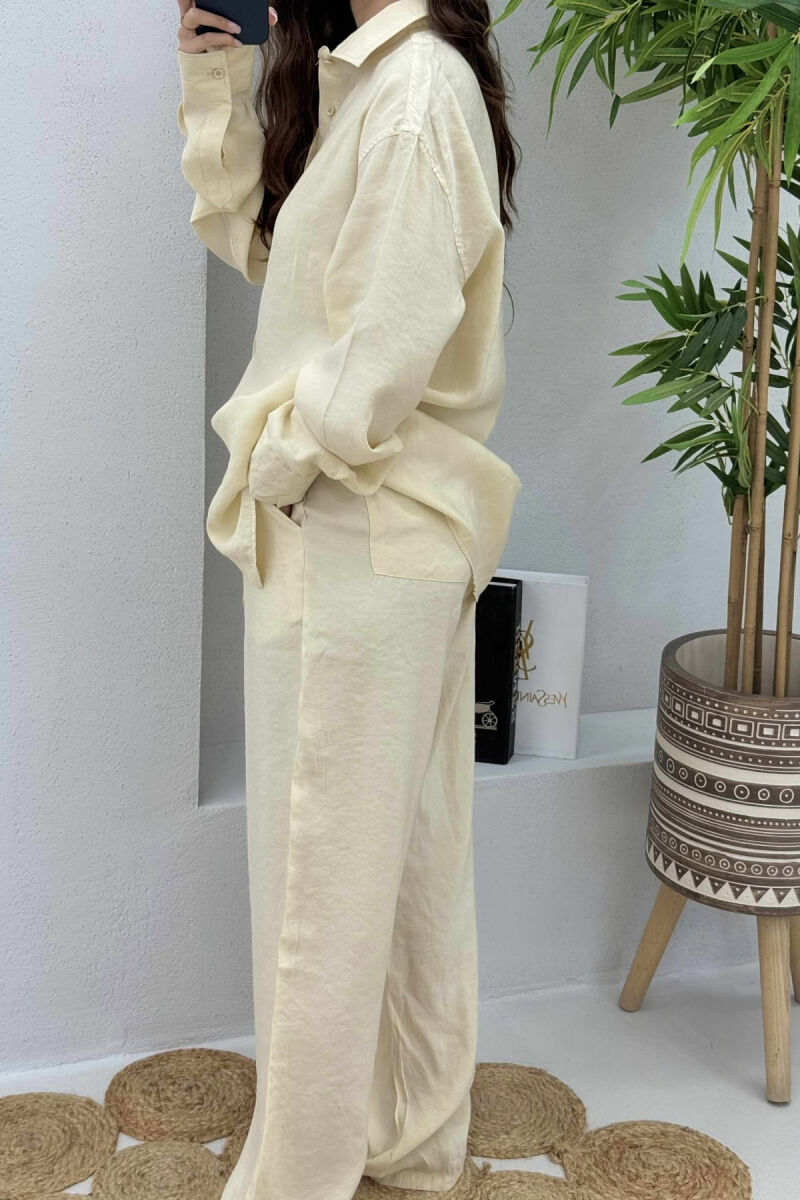 SHIRT+TROUSERS LACINGS ONE COLOR WOMEN SET CREAM/KREM - 4
