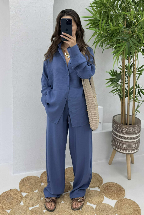 SHIRT+TROUSERS LACINGS ONE COLOR WOMEN SET DARK BLUE/BEE - 3