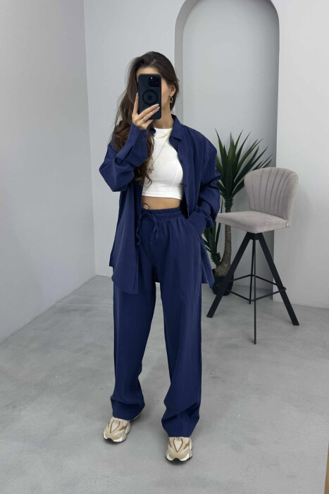 SHIRT+TROUSERS LACINGS ONE COLOR WOMEN SET ELECTRIC BLUE/BLEL 